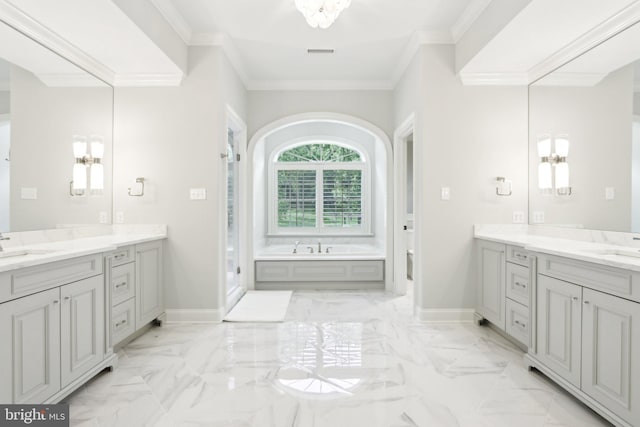 51 Farrier Ln, Newtown Square, PA 19073 - full bathroom featuring two vanities, a bath, crown molding, baseboards, and marble finish flooring
