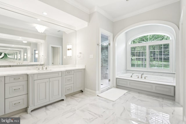 51 Farrier Ln, Newtown Square, PA 19073 - full bathroom with vanity, a garden tub, a shower stall, ornamental molding, and marble finish flooring