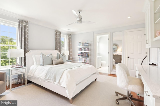 51 Farrier Ln, Newtown Square, PA 19073 - bedroom with light wood-type flooring, ensuite bathroom, a ceiling fan, crown molding, and recessed lighting