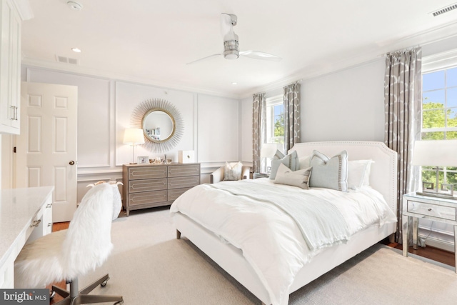 51 Farrier Ln, Newtown Square, PA 19073 - bedroom with multiple windows, ornamental molding, ceiling fan, a decorative wall, and recessed lighting