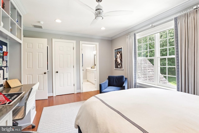 51 Farrier Ln, Newtown Square, PA 19073 - bedroom featuring crown molding, wood finished floors, recessed lighting, connected bathroom, and ceiling fan
