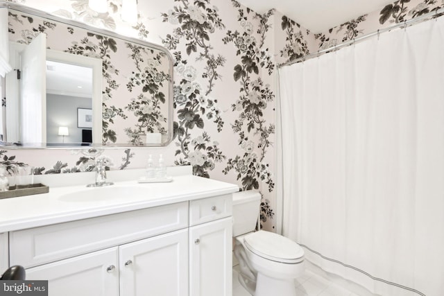 51 Farrier Ln, Newtown Square, PA 19073 - full bathroom featuring wallpapered walls, vanity, toilet, a shower with curtain, and tile patterned flooring
