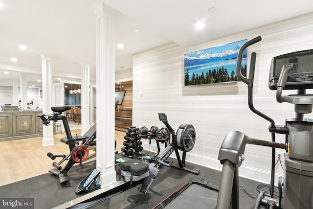 51 Farrier Ln, Newtown Square, PA 19073 - gym featuring wallpapered walls, decorative columns, and light wood-type flooring