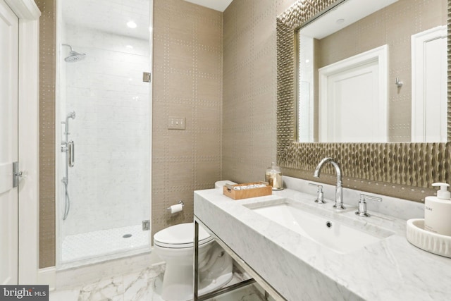 51 Farrier Ln, Newtown Square, PA 19073 - bathroom featuring a shower stall, toilet, marble look tile flooring, and vanity