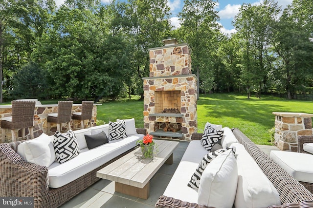 51 Farrier Ln, Newtown Square, PA 19073 - view of patio featuring an outdoor living space with a fireplace and view of wooded area