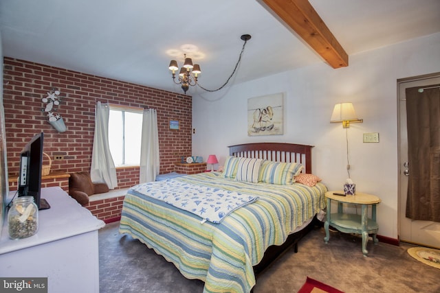 388 Monument Dr, Montross, VA 22520 - bedroom featuring a chandelier, brick wall, carpet, and beamed ceiling