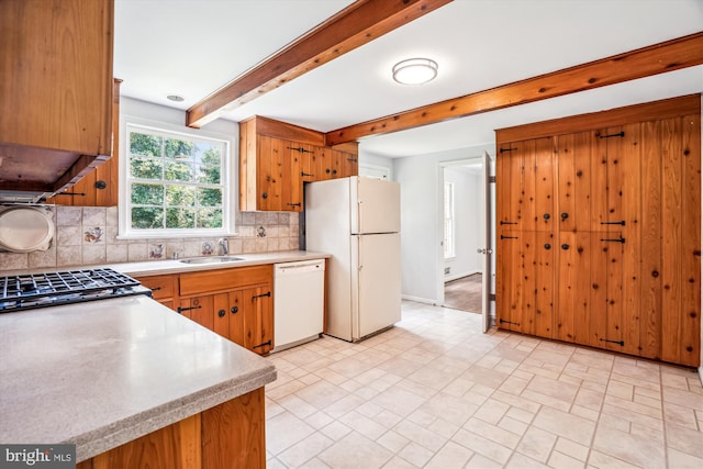 12303 Captain Smith Ct, Rockville, MD 20854 - kitchen featuring white appliances, light countertops, a sink, tasteful backsplash, and beam ceiling