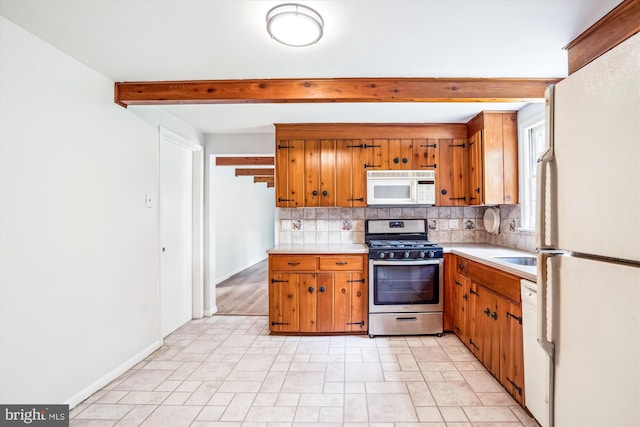 12303 Captain Smith Ct, Rockville, MD 20854 - kitchen featuring white appliances, beamed ceiling, light countertops, tasteful backsplash, and brown cabinets