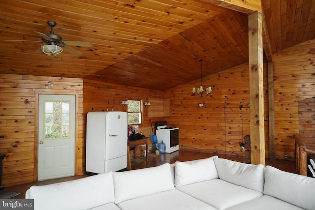 living area featuring lofted ceiling, a ceiling fan, wooden ceiling, wood walls, and wood finished floors