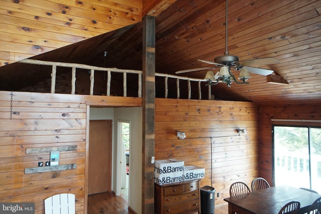 dining area featuring a ceiling fan, wood ceiling, wood walls, and wood finished floors