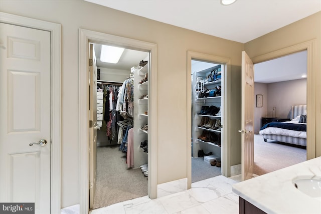 bathroom with a walk in closet and vanity