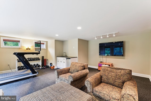 living area with baseboards, rail lighting, carpet, and recessed lighting