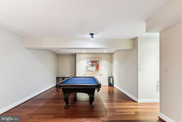 playroom featuring billiards table, wood finished floors, baseboards, and recessed lighting