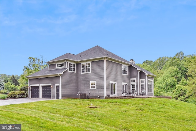 view of property exterior featuring driveway, a yard, a chimney, and central air condition unit