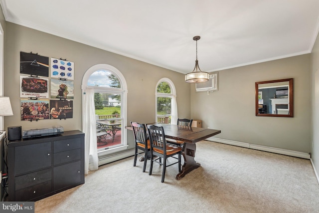 carpeted dining space with baseboard heating, ornamental molding, and a wall mounted air conditioner