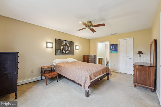 bedroom featuring baseboard heating, light colored carpet, baseboards, and a ceiling fan