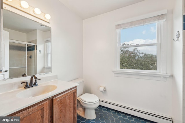 bathroom featuring a baseboard radiator, a shower stall, toilet, and vanity