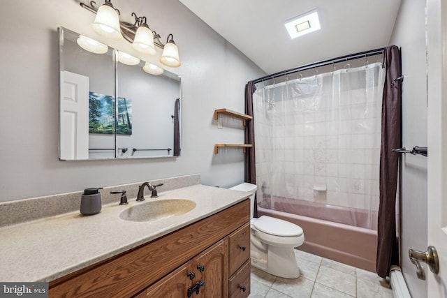 bathroom with tile patterned floors, vanity, toilet, shower / bath combination with curtain, and a baseboard radiator