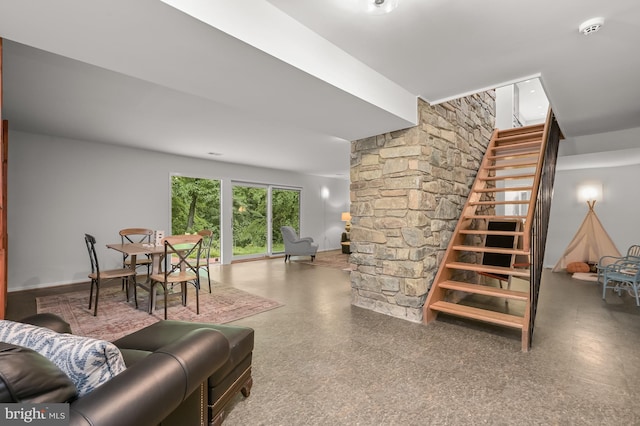 living room with stairs