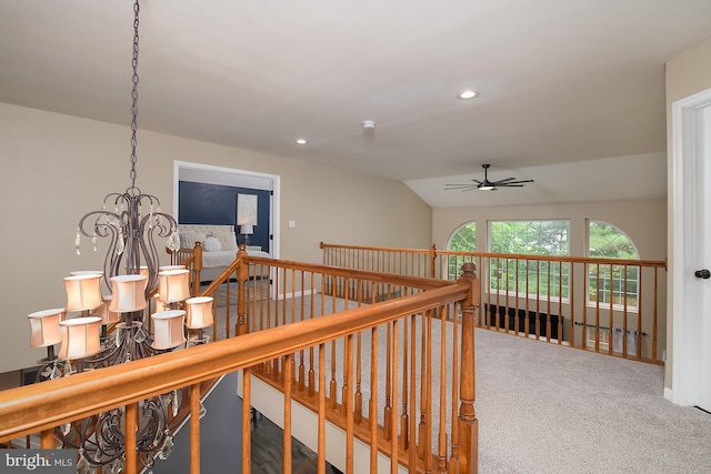 28 Blue Spruce Dr, Bear, DE 19701 - hallway with an upstairs landing, carpet, recessed lighting, and lofted ceiling