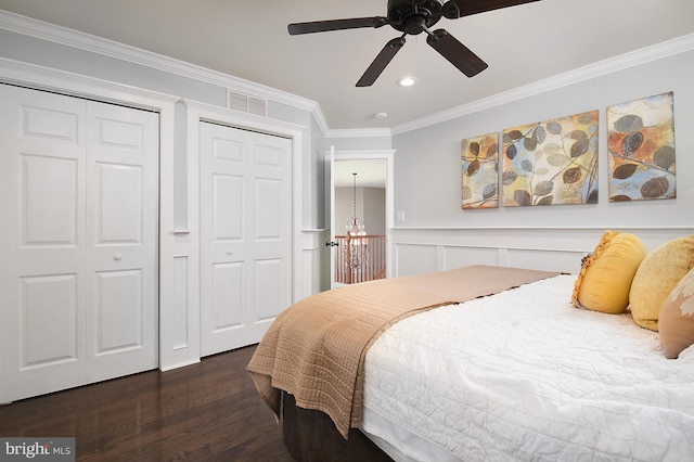 28 Blue Spruce Dr, Bear, DE 19701 - bedroom with dark wood-style floors, ornamental molding, recessed lighting, and a ceiling fan