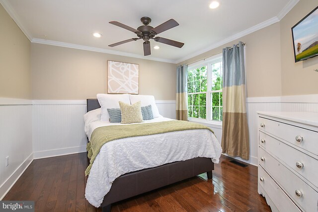 28 Blue Spruce Dr, Bear, DE 19701 - bedroom featuring wainscoting, hardwood / wood-style flooring, ornamental molding, and ceiling fan