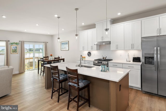 30366 Indigo Way, Georgetown, DE 19947 - kitchen with stainless steel appliances, a sink, under cabinet range hood, decorative backsplash, and light wood-style floors