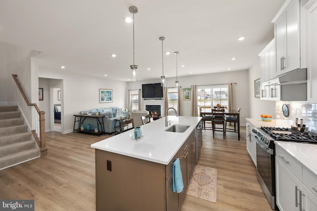 30366 Indigo Way, Georgetown, DE 19947 - kitchen featuring stainless steel appliances, a sink, a lit fireplace, open floor plan, and light countertops