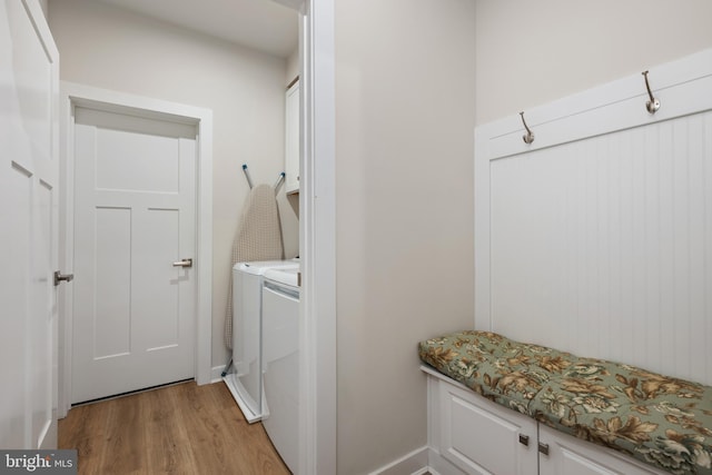 30366 Indigo Way, Georgetown, DE 19947 - clothes washing area with cabinet space, washer and clothes dryer, and light wood-type flooring