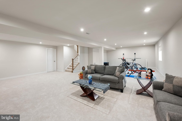 30366 Indigo Way, Georgetown, DE 19947 - living room with recessed lighting, carpet flooring, stairs, and baseboards
