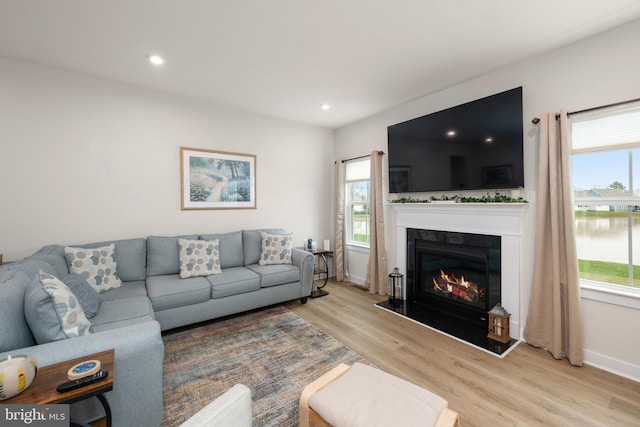30366 Indigo Way, Georgetown, DE 19947 - living area with light wood-style floors, a glass covered fireplace, baseboards, and recessed lighting