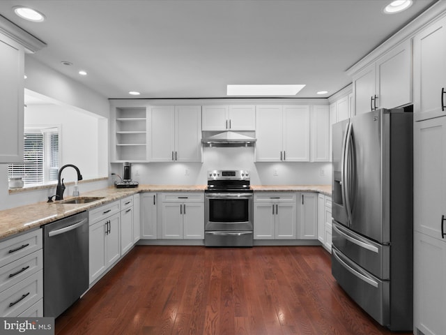 kitchen with stainless steel appliances, a sink, under cabinet range hood, open shelves, and white cabinetry