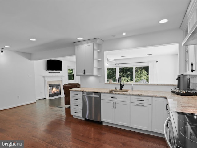 kitchen with appliances with stainless steel finishes, a sink, open shelves, a fireplace with flush hearth, and light stone counters