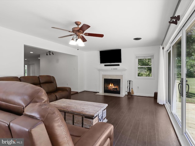 living room featuring healthy amount of natural light, a fireplace with flush hearth, a ceiling fan, and dark wood finished floors