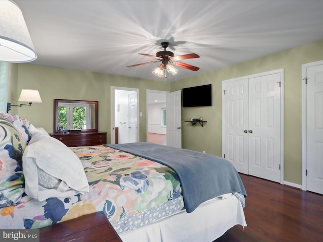 bedroom with wood finished floors, a ceiling fan, and baseboards