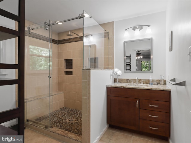 bathroom featuring a stall shower, tile patterned flooring, and vanity