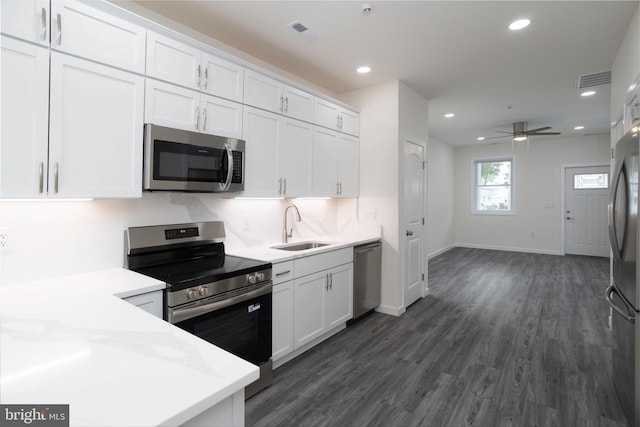 1207 Race St, Cambridge, MD 21613 - kitchen with stainless steel appliances, a sink, white cabinetry, dark wood-style floors, and light countertops