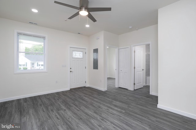 1207 Race St, Cambridge, MD 21613 - foyer entrance with dark wood-style flooring, a ceiling fan, baseboards, electric panel, and recessed lighting
