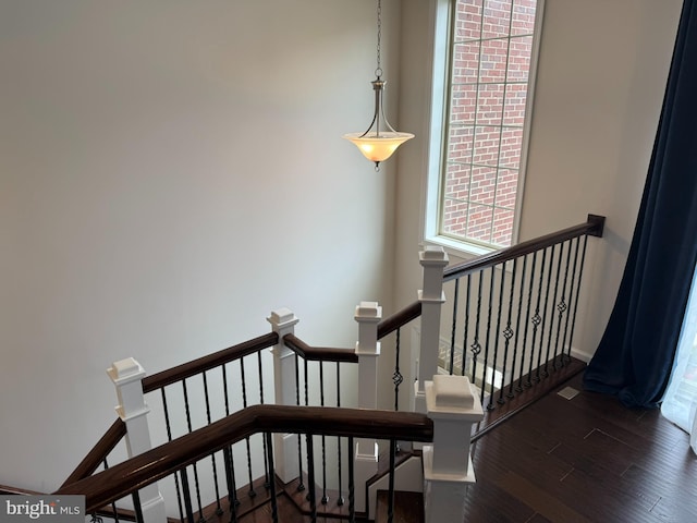 stairway with wood finished floors and plenty of natural light
