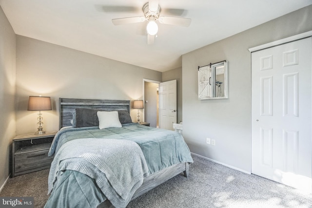 bedroom with carpet floors, baseboards, and ceiling fan