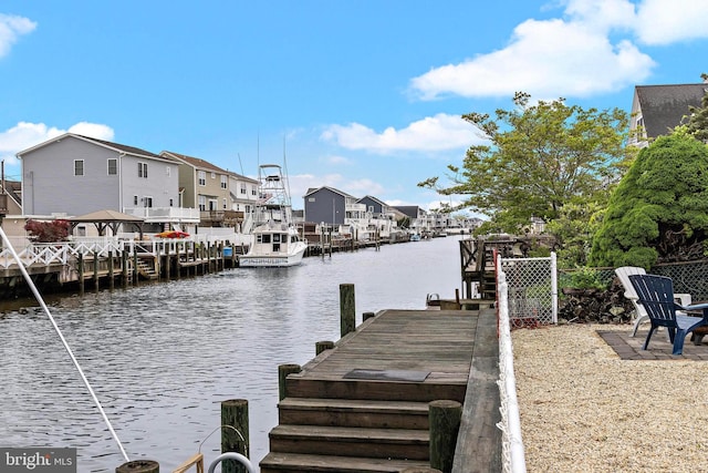 dock featuring a water view and a residential view