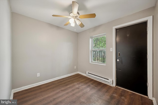3238 Jasper St, Philadelphia, PA 19134 - spare room with a baseboard radiator, dark wood-style floors, baseboards, and ceiling fan