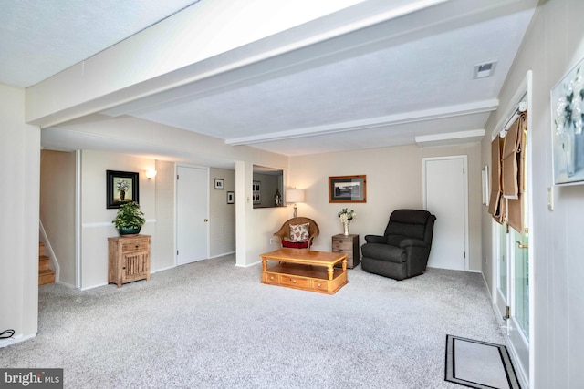 9520 Perry Brook Ct, Nottingham, MD 21236 - sitting room featuring carpet floors, stairway, beam ceiling, and baseboards