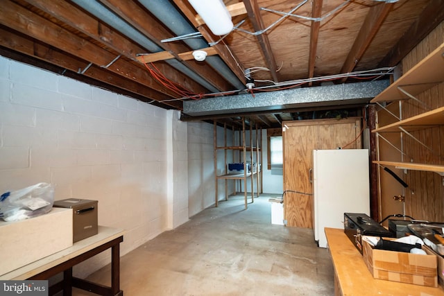 9520 Perry Brook Ct, Nottingham, MD 21236 - unfinished basement featuring freestanding refrigerator and concrete block wall