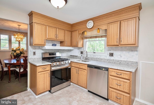 9520 Perry Brook Ct, Nottingham, MD 21236 - kitchen with appliances with stainless steel finishes, a sink, a chandelier, light stone countertops, and hanging light fixtures