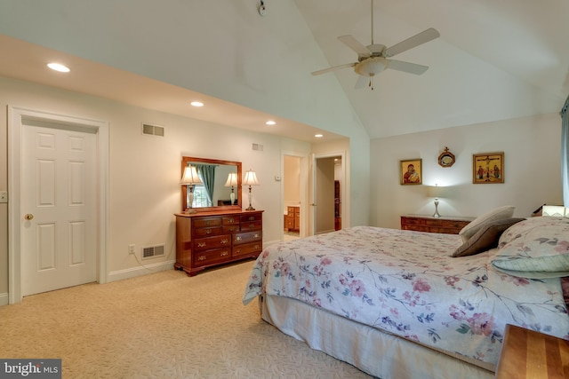 bedroom with recessed lighting, light carpet, high vaulted ceiling, baseboards, and a ceiling fan