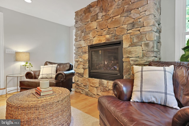living room with wood finished floors and a stone fireplace