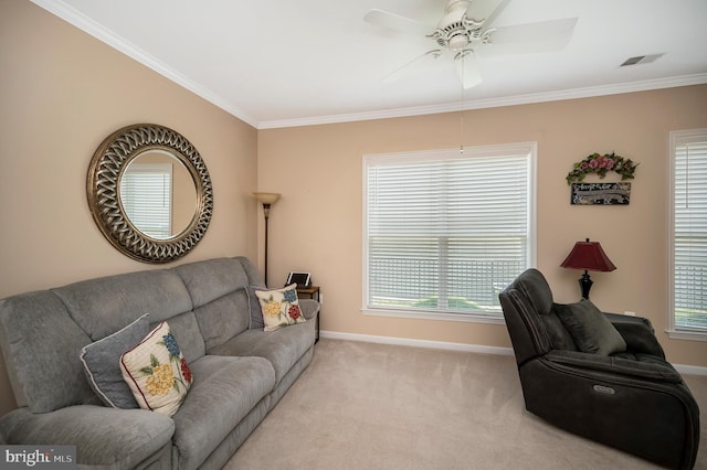 24 Smithfield Way, Fredericksburg, VA 22406 - living room featuring crown molding, ceiling fan, light colored carpet, and plenty of natural light