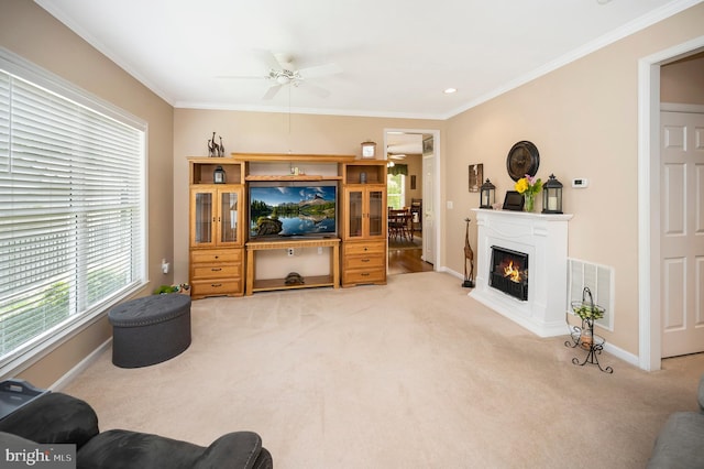 24 Smithfield Way, Fredericksburg, VA 22406 - carpeted living room with ceiling fan, crown molding, and a warm lit fireplace
