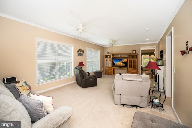 24 Smithfield Way, Fredericksburg, VA 22406 - living room with a ceiling fan, ornamental molding, and carpet floors
